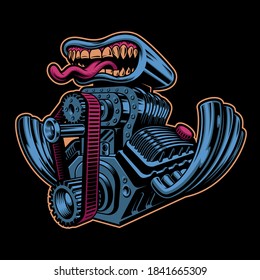 A cartoon hot rod engine vector illustration isolated on a dark background, this design can be used as a shirt print as well as for many other uses.