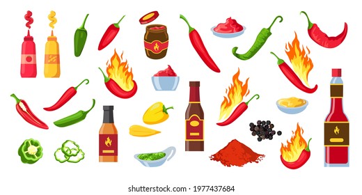 Cartoon hot sauce. Chili ketchup bottles and jars, wasabi and mustard. Souce splashes, spicy dip and cayenne pepper with flames vector set. Pepper in fire, seasoning dishes or meal