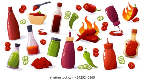 Cartoon hot sauce. Mexican spicy ketchup wasabi mustard with chilli peppers, spicy sauce food ingredients. Vector isolated set of ketchup mexican, sauce and spicy, chili, pepper, vector, illustration,