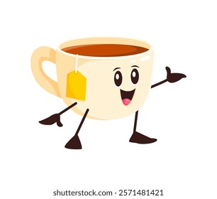 Cartoon hot tea drink cup cheerful character. Natural herbal drink funny cartoon character, breakfast black tea porcelain cup with teabag isolated groovy vector personage. Cafe hot beverage mascot