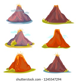 Cartoon hot volcano with magma and lava. Vulcano rock mountains icon set. Vector illustration