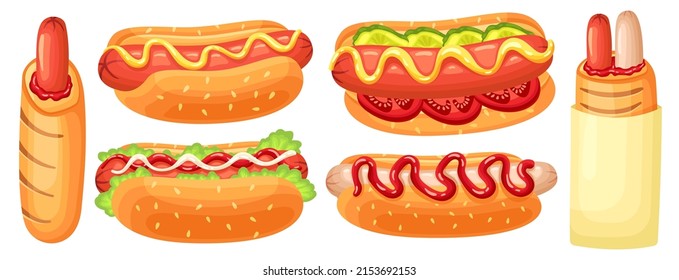 Cartoon hotdog. French hot dog, street food with sausage, sauce and sesame seeds bun vector illustration set. American snack hot ketchup, mustard, tomato and cucumber. Delicious meal