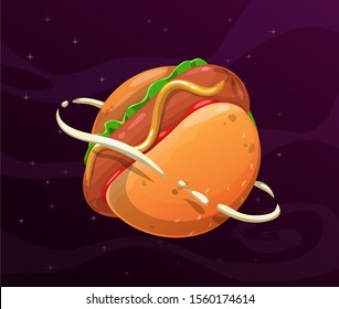 Cartoon hotdog planet. Giant round hot dog in the space. Vector fast food world concept.