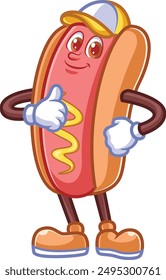 cartoon hotdog poses with a thumbs up wearing a hat