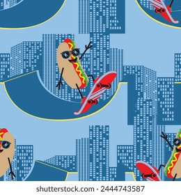 Cartoon hotdog skateboarding in sunglasses on city background. Seamless pattern. Vector illustration.
