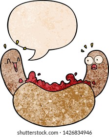 cartoon hotdog with speech bubble in retro texture style