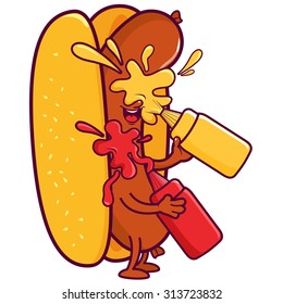 Cartoon hot-dog splashing itself with mustard and ketchup. Vector illustration