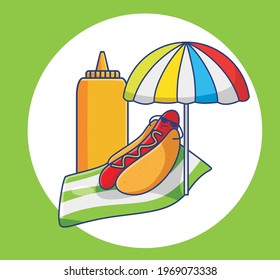 Cartoon Hotdog summer with ketchup enjoy below umbrella sunglasses. Food and Drink Cartoon Flat Style Icon illustration Premium Vector