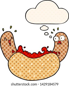 hotdog de caricatura con burbuja de pensamiento en estilo de libro de historietas