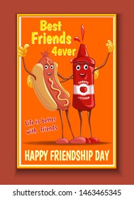Cartoon hotdog and tomato ketchup cuddling. Best friends 4ever. Happy Friendship Day. Life is better with friends. Vector illustration