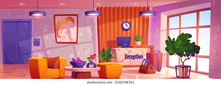 Cartoon hotel lobby interior design. Vector illustration of spacious hall with large window and elevator, computer monitor on reception desk, armchair, travel bags, green plants, lamps on ceiling