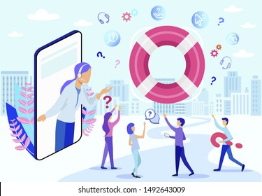 Cartoon Hotline Female Operator on Phone Screen Vector Illustration. People Lifebuoy Help. Woman Assistant Online Support. Mobile App Technical Assistance. Client Customer Helpline Hotline