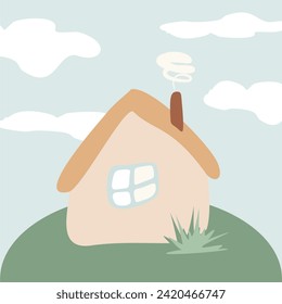 Cartoon House against the sky and other elements of the environment. Mansion Vector illustration. House exterior front view in trendy flat style. Townhouse building. Window and Chimney on Home facade.