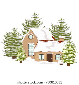 Cartoon house with a annexe in the snow, big firs, snowdrifts and snowfall. Vector object, isolated on white background. To create holiday cards for the new year and Christmas. Winter landscape.