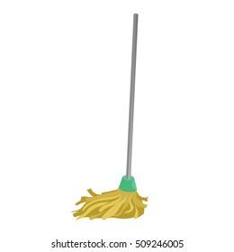 Cartoon house and apartment cleaning service icon. Old dry mop with handle. Simple colors and gradient vector illustration.