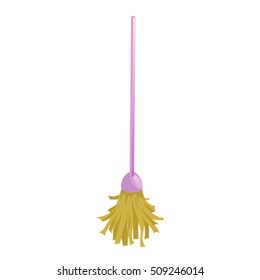 Cartoon house and apartment cleaning service icon. Old looking pink wet mop. Simple colors and gradient vector illustration.