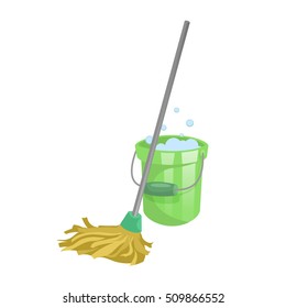 Cartoon house and apartment cleaning service icon. Old dry mop with handle and green plastic bucket with bubbles. Simple colors and gradient vector illustration.