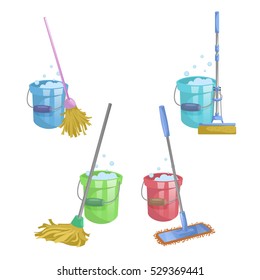 Cartoon house and apartment cleaning service icon set. Mops with bucket with washing liquid.  Modern plastic dry mop old mop, squeeze mop. Simple colors and gradient vector illustration.