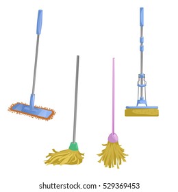 Cartoon house and apartment cleaning service icon set. Old dry mop, squeeze fast dry mop, modern plastic blue dry mop. Simple colors and gradient vector illustration.