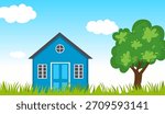 Cartoon House Background Vector, Flat Background Illustration, House Front, Tree, Vector Art
