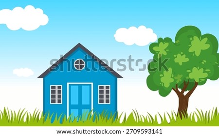 Cartoon House Background Vector, Flat Background Illustration, House Front, Tree, Vector Art