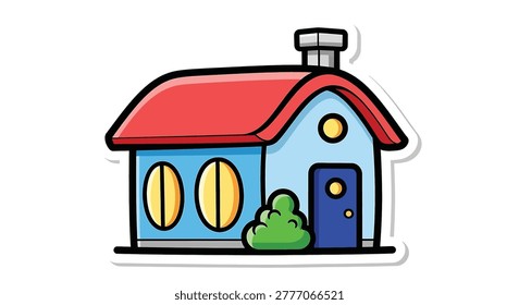 Cartoon house with blue walls and red roof