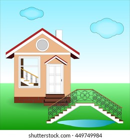 Cartoon house with the bridge. Vector illustration.