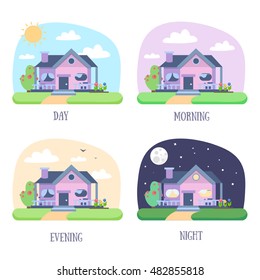 Cartoon House Building icon Set. Different Times Of The Day, morning, day, night, evening. Flat Design Style cottage. Vector illustration of violet cute house