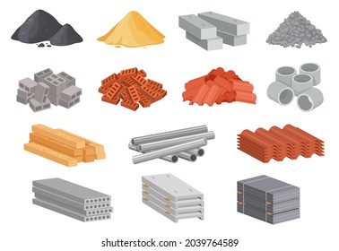 Cartoon house building materials, industrial construction supplies. Beton, cement, concrete, sand, bricks, planks, metal pipes vector set. Isolated stacks of gypsum blocks, roof elements - Shutterstock ID 2039764589