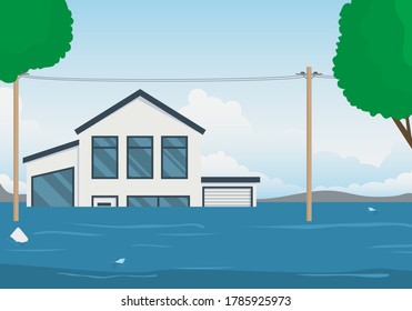 Cartoon House Building and Natural Disaster Card Background Landscape Emergency and Survival Elements Scene Concept Flat Design. Vector illustration