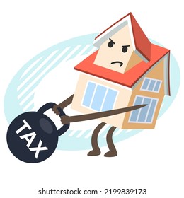 Cartoon House Character, bent from the weight, keeping a huge weight with the tax. Taxes burden concept. Vector Illustration.