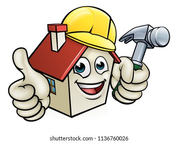 A cartoon house character mascot wearing construction site hard hat, holding a hammer giving thumbs up