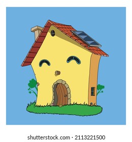 A cartoon house character with windows like eyes and a door like a mouth and sola panels in the roof. Vector illustration
