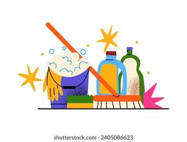 Cartoon house cleaning, cleanliness concept abstract shapes. Sponge, brush, spray, rag, washing machine. Vector retro illustration of disinfection	