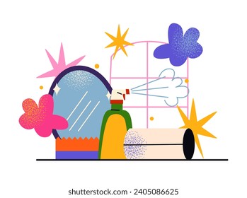 Cartoon house cleaning, cleanliness concept abstract shapes. Sponge, brush, spray, rag, washing machine. Vector retro illustration of disinfection	