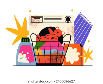 Cartoon house cleaning, cleanliness concept abstract shapes. Sponge, brush, spray, rag, washing machine. Vector retro illustration of disinfection	