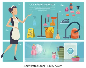 Cartoon house cleaning composition with maid washing machine broom towels clean plate glasses hoover iron soap sponge mop bucket vector illustration