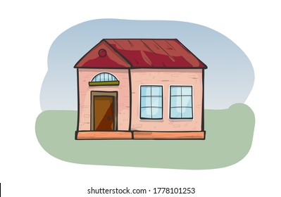 Cartoon house, detached, single family house. Hand drawn cartoon vector illustration. Doodle home, cartoon scribble style vector illustration.