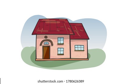 Cartoon house, detached, single family house. Hand drawn cartoon vector illustration. Doodle home, cartoon scribble style vector illustration.
