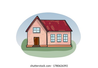 Cartoon house, detached, single family house. Hand drawn cartoon vector illustration. Doodle home, cartoon scribble style vector illustration.