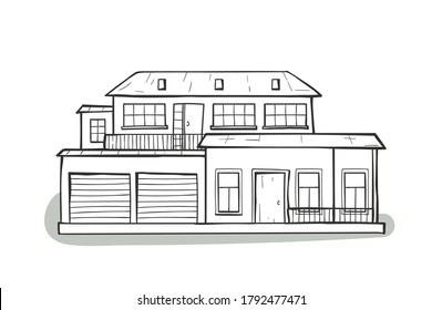 Cartoon house, detached, single family house. Hand drawn cartoon vector illustration. Doodle home - cartoon scribble style vector illustration.