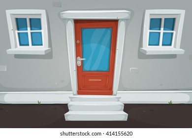 Cartoon House Door And Windows In The Street/
Illustration Of A Cartoon House Front Door Inside House Building, With Blue Windows