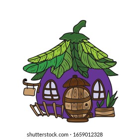 A cartoon house for a dwarf that looks like an eggplant.Vector illustration on a white isolated background.Botanical design for postcards and banners.building