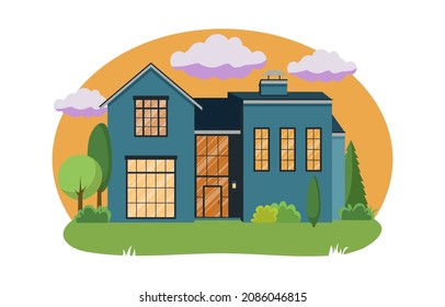 Cartoon house exterior with blue clouded sky Front Home Architecture Concept Flat Design Style. Vector illustration of Facade Building