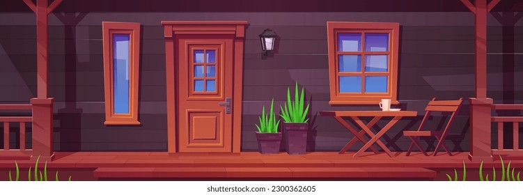 Fachada de la casa de caricaturas con mesa y silla en el porche. Dibujo vectorial de una casa de campo de madera, café servido en un patio vacío para el descanso al aire libre, plantas verdes cerca de la puerta. Diseño exterior acogedor y hogareño