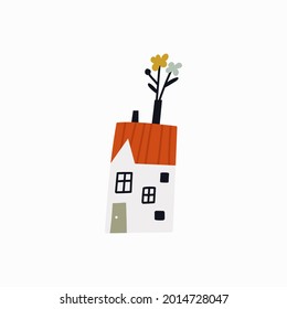 Casa de caricaturas con flores en la chimenea. Ilustración plana vectorial aislada en fondo blanco. Estilo dibujado a mano para pegatinas, carteles, postales, diseño de camisetas.