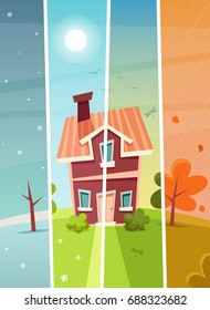 Cartoon House: Four Seasons. Vector Illustration