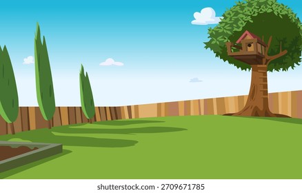 Vector de fondo de jardín de casa de dibujos animados, Casa de árbol de jardín casero, verde, cerca de madera, fondo de patio trasero casero, diseño de ilustración