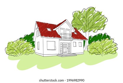 Cartoon house in the garden, hand-drawn, colored with crayons