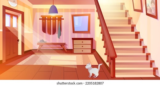 Cartoon house hallway entrance interior with wooden hanger, stairs and furniture. Home inside with white cat, carpet, mirror, staircase, hat on bench and clock on wall. Sun shining through front door.